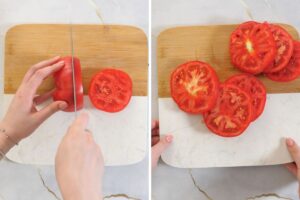 cutting tomato on a wooden and marble board