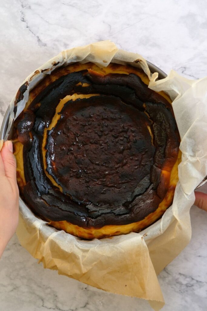 burnt basque cheesecake in a pan after baking