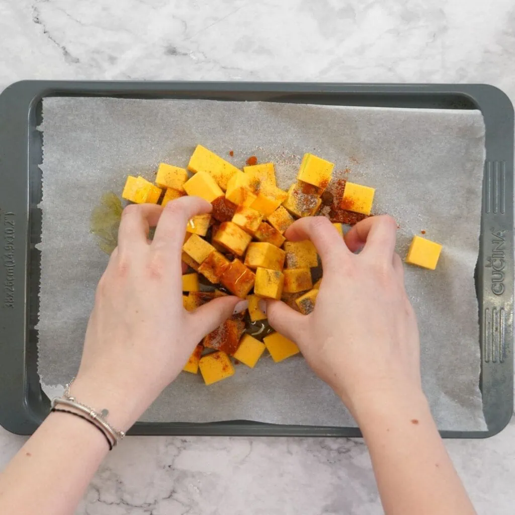 Roast Pumpkin Salad With Feta 4 seasoning the pumpkin before roasting