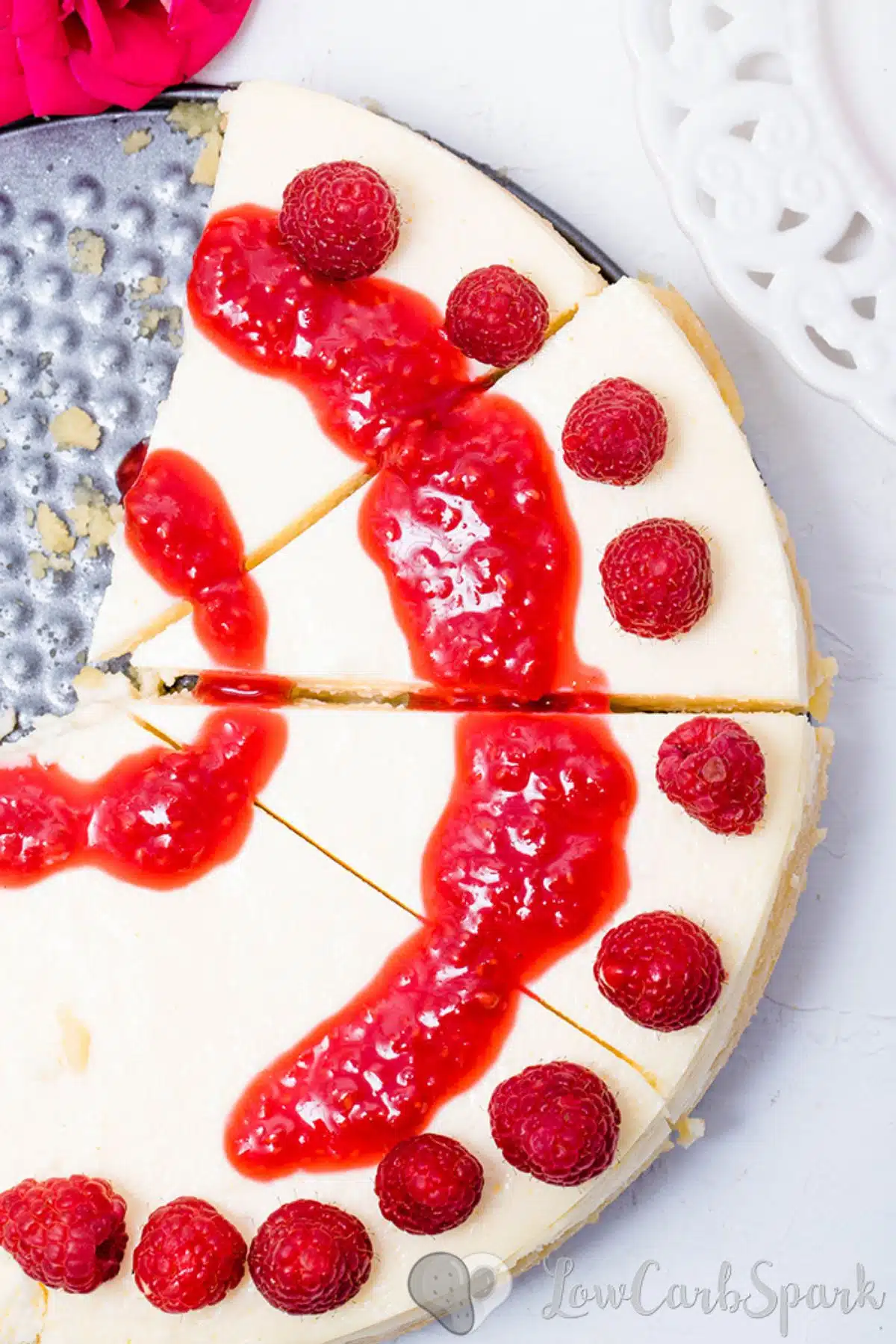 keto cheesecake slices topped with raspberries and sugar-free jam
