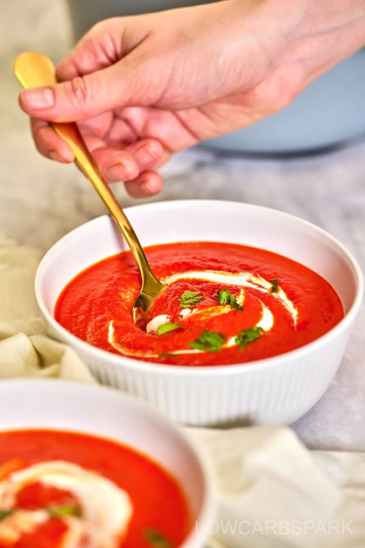 35 Keto Soup Recipes - Best Low Carb Soups 29 Hand holding a spoon scooping creamy roasted red pepper soup from a bowl, showing rich texture and garnished with herbs.