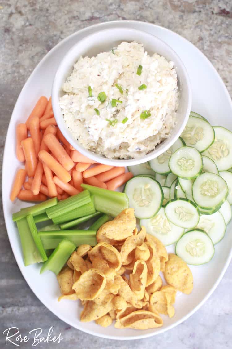Spicy Cottage Cheese Dip with Veggies and Corn Chips