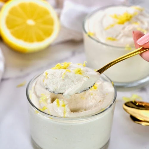 Creamy Cottage Cheese Lemon Mousse 9 creamy lemon cottage cheese recipe in a glass with a gold spoon to show texture
