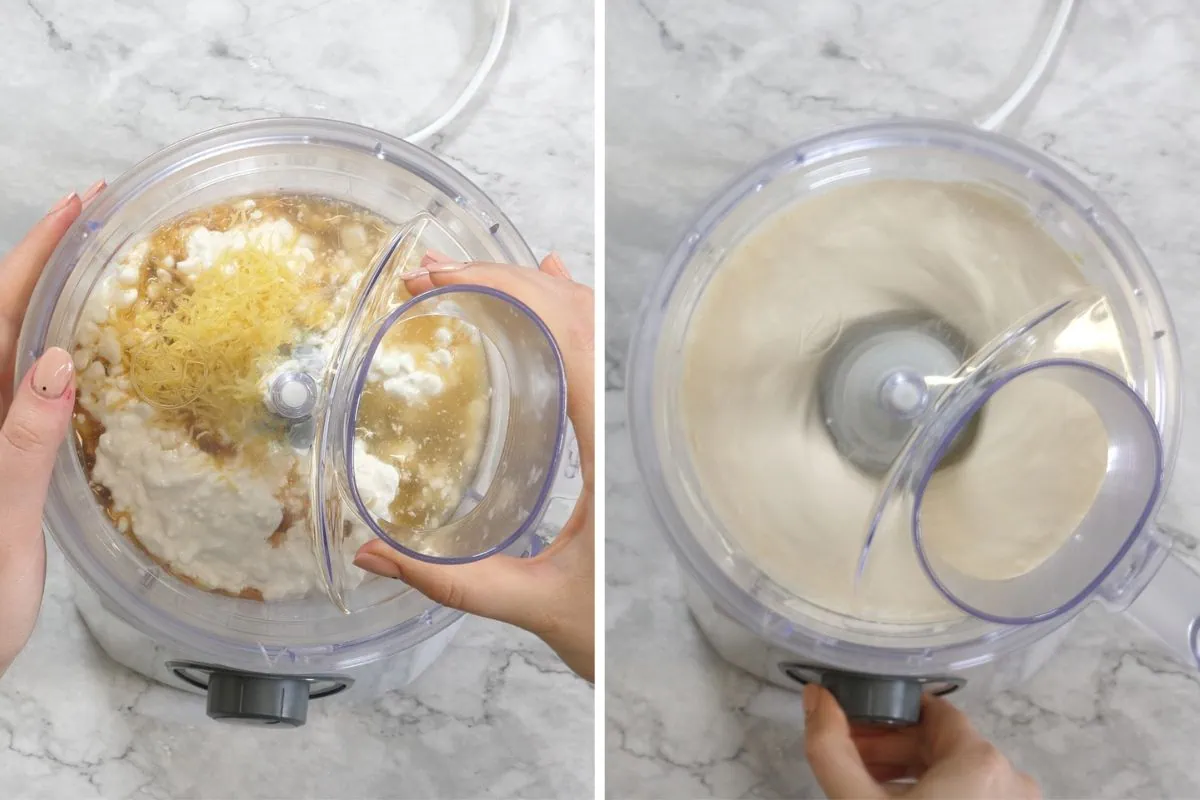 Creamy Cottage Cheese Lemon Mousse 5 Two-step collage: filling processor with lemon-gelatin mixture and blending until velvety cottage-cheese mousse forms.