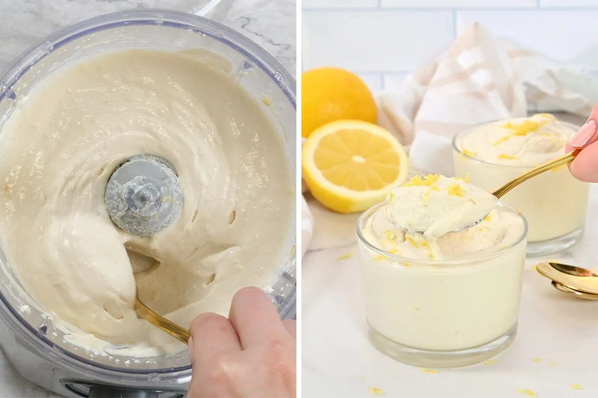 Creamy Cottage Cheese Lemon Mousse 6 Close-up of velvety cottage-cheese lemon mixture in processor contrasted with finished mousse cups topped with yellow zest.