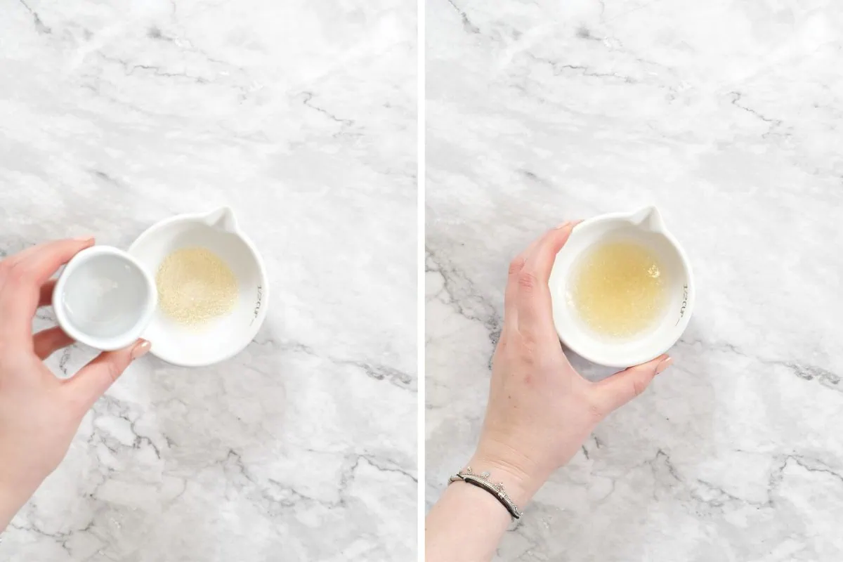 Creamy Cottage Cheese Lemon Mousse 4 Preparing bloomed gelatin base to stabilize creamy cottage-cheese lemon dessert.