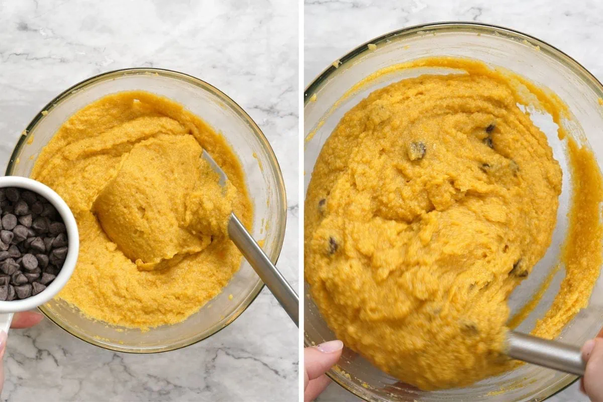Chocolate Chip Pumpkin Muffins 6 Folding chocolate chips into smooth pumpkin pie muffin mixture.