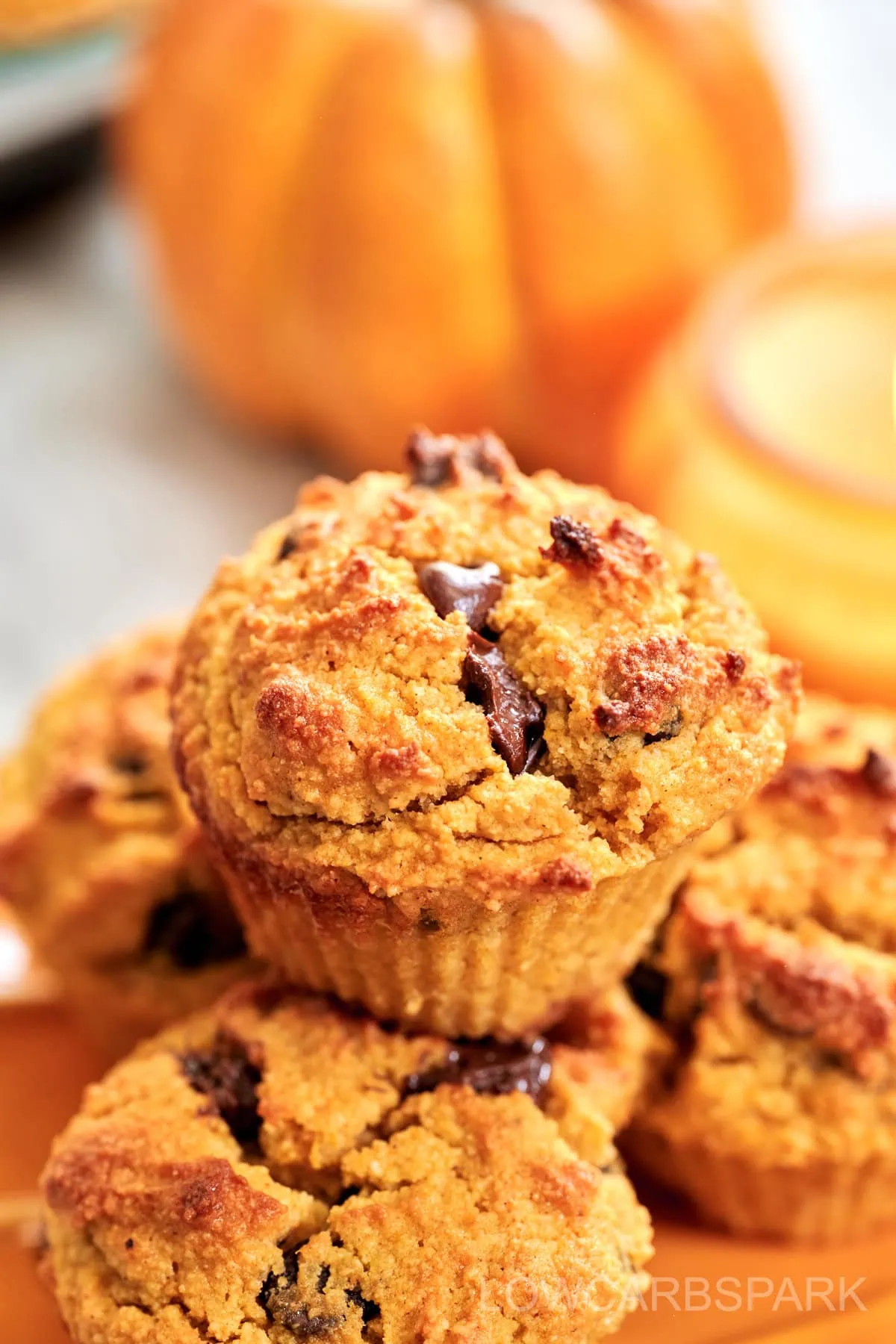 Chocolate Chip Pumpkin Muffins 3 keto pumpkin muffins with chocolate chips