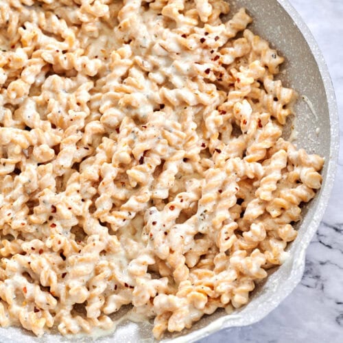 Cottage Cheese Pasta Sauce 12 Creamy, high-protein pasta sauce without heavy cream, served over chickpea pasta.