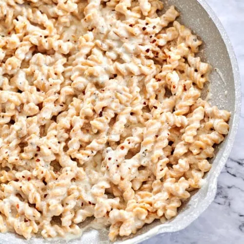 Cottage Cheese Pasta Sauce 12 Creamy, high-protein pasta sauce without heavy cream, served over chickpea pasta.
