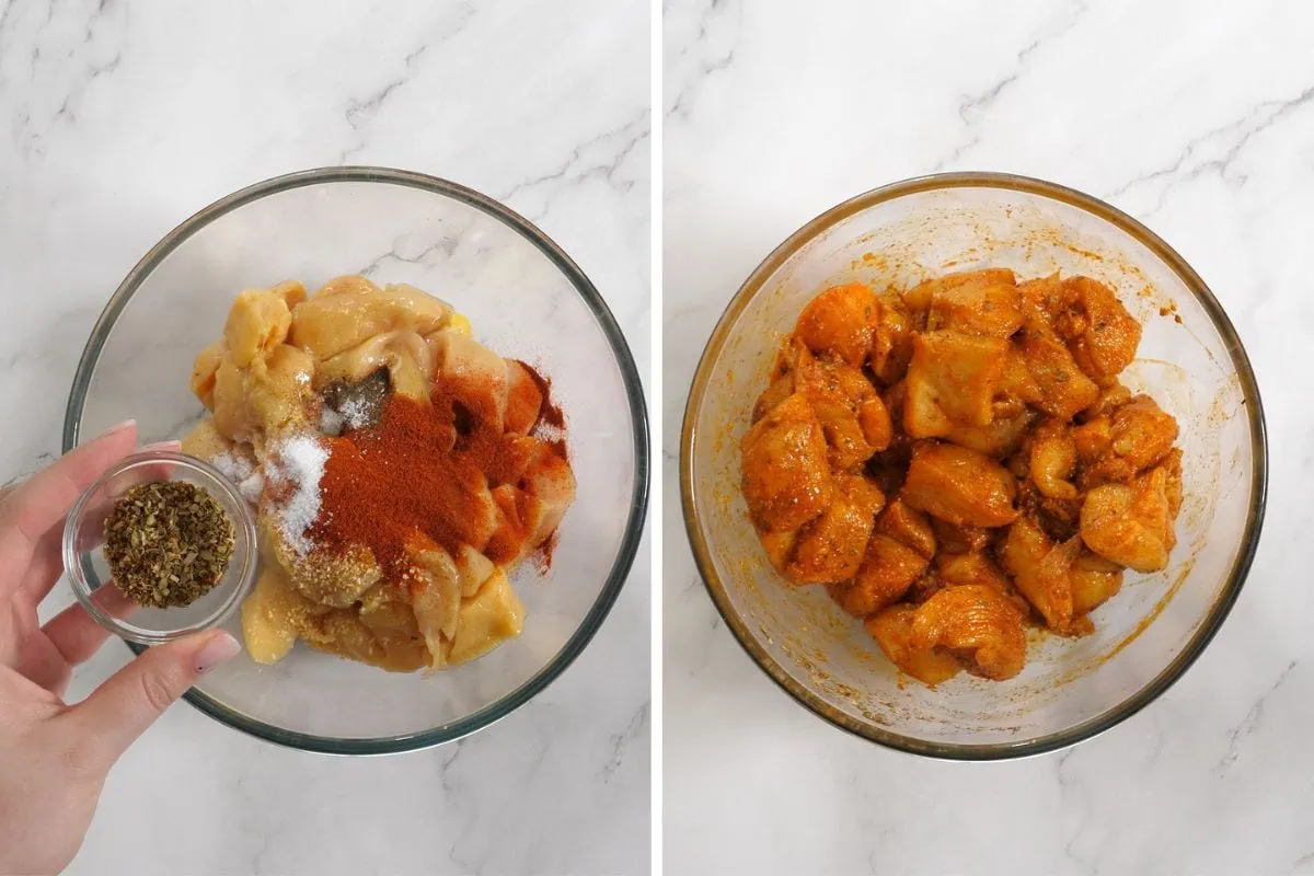 Air Fryer Lemon Chicken Bites 5 Marinating chicken bites in bold paprika-lemon seasoning blend.