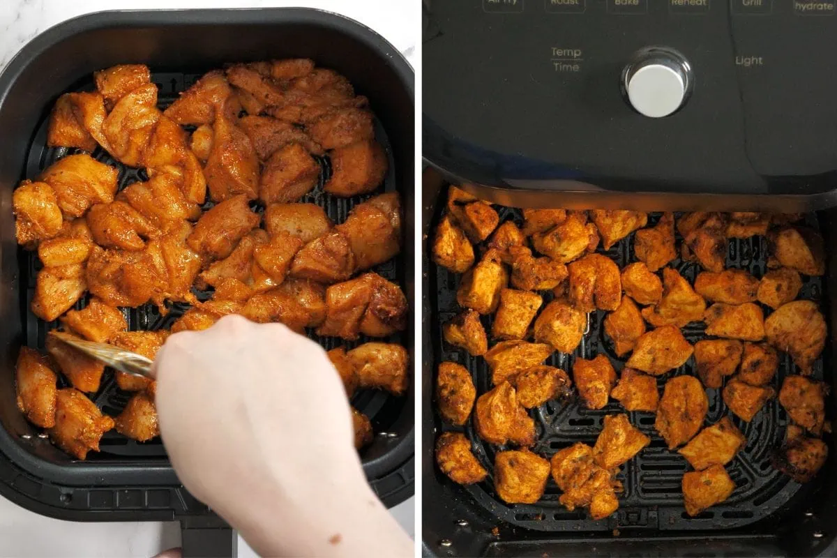 Air Fryer Lemon Chicken Bites 6 Spreading seasoned chicken bites in a single layer inside an air-fryer basket.