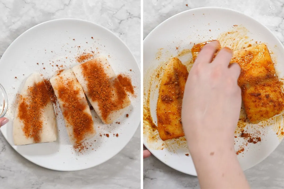 Fish Tacos 5 Hand massaging smoky paprika seasoning onto white fish portions.
