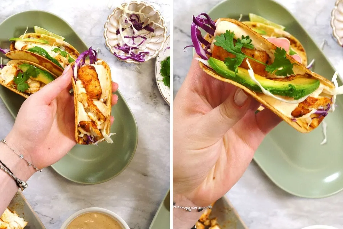 Fish Tacos 10 Colorful fish taco topped with creamy sauce and crunchy slaw, ready to eat.