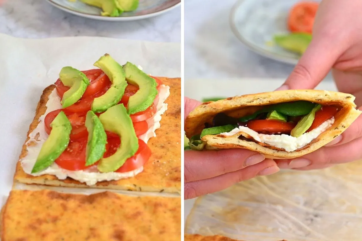 Viral Cottage Cheese Wrap 10 Freshly made cottage cheese wrap stuffed with vibrant, fresh ingredients, folded for serving.