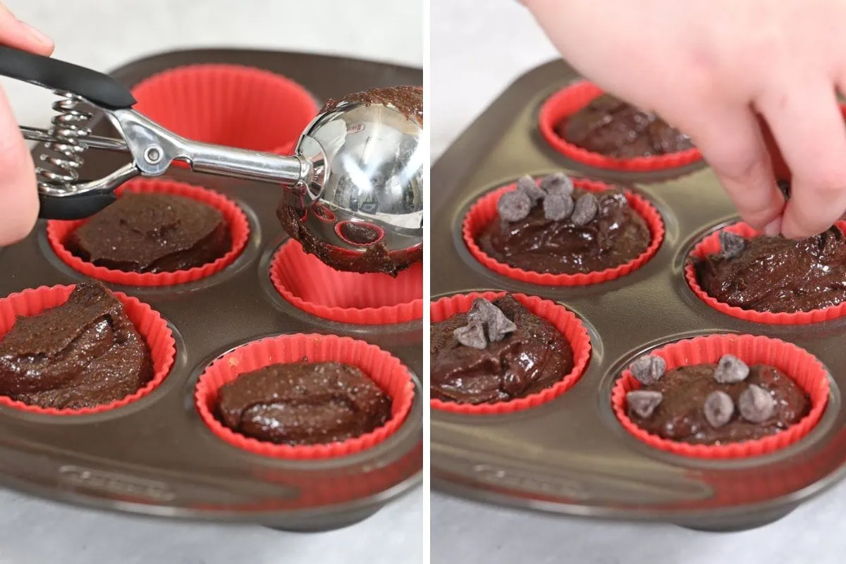 Cottage Cheese Protein Muffins 9 Filling muffin liners with high-protein cottage cheese muffin batter, topped with chocolate chips.