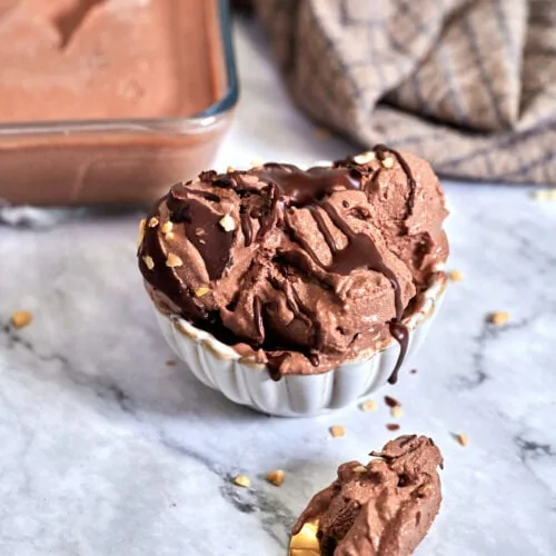 Chocolate Cottage Cheese Ice Cream 10 Scoop of keto chocolate cottage cheese ice cream drizzled with dark chocolate in a white bowl.
