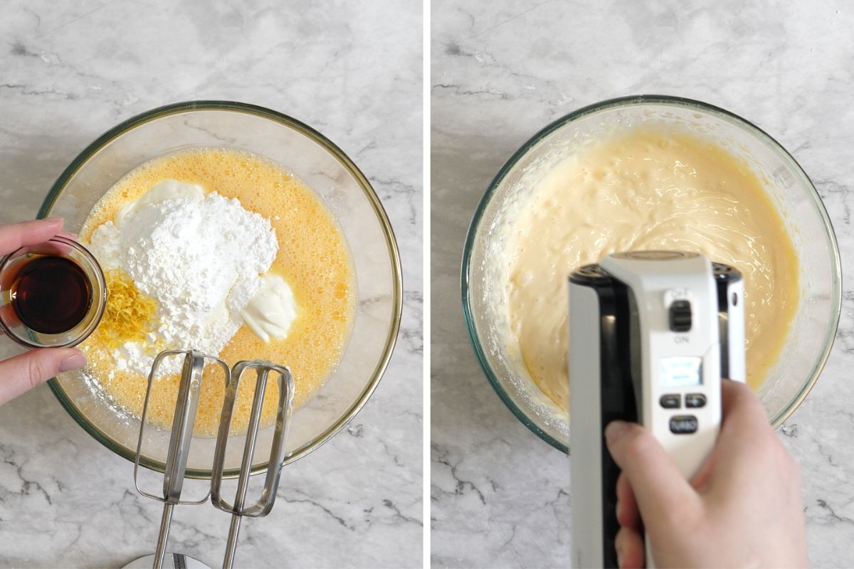 Mixing Greek yogurt bake ingredients in a glass bowl with a hand mixer.