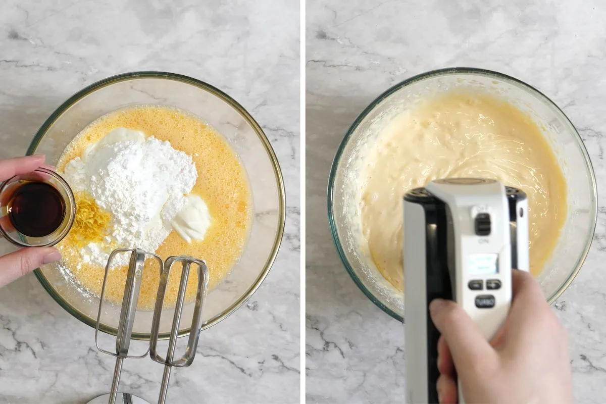 Greek Yogurt Bake 5 Mixing Greek yogurt bake ingredients in a glass bowl with a hand mixer.