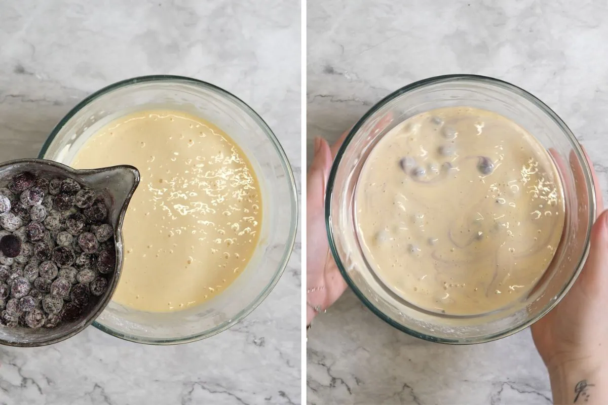 Greek Yogurt Bake 6 Mixing blueberries into the creamy Greek yogurt bake mixture.