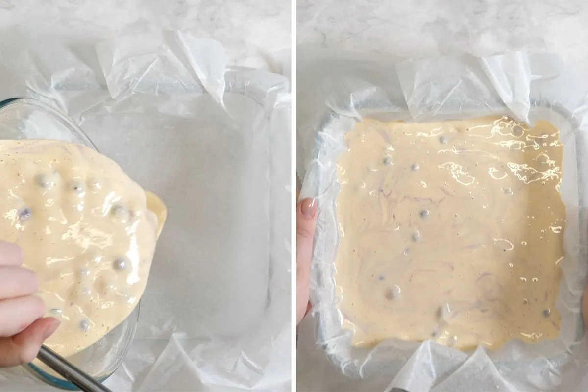 Greek Yogurt Bake 7 Pouring Greek yogurt blueberry batter into a parchment-lined baking dish.