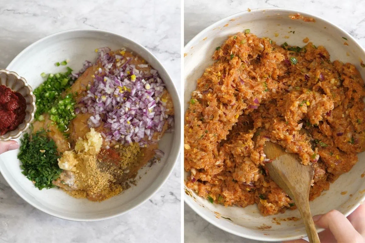 Sheet Pan Ground Chicken Kebabs 4 Top view of chopped onions, garlic, herbs, and spices added to ground chicken.