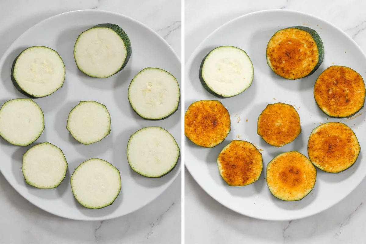 Zucchini Sliders 4 Zucchini slices on a white plate, one side unseasoned, the other sprinkled with seasoning.