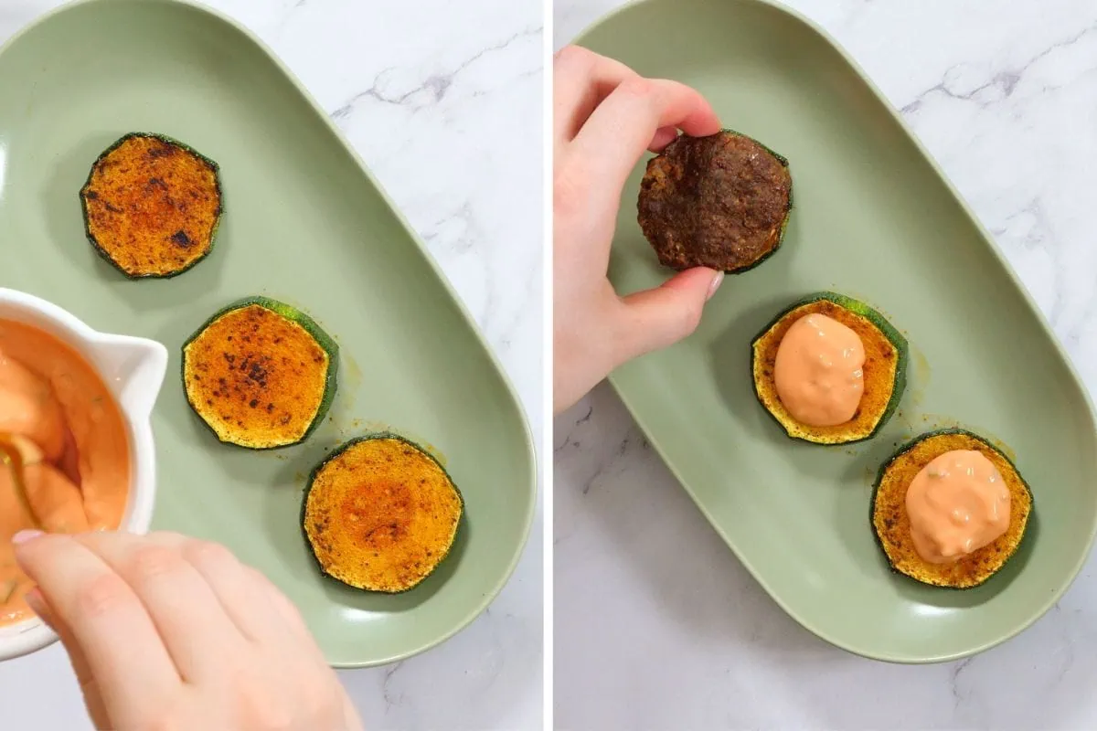 Zucchini Sliders 7 Layering zucchini, sauce, and mini beef patties to build sliders.