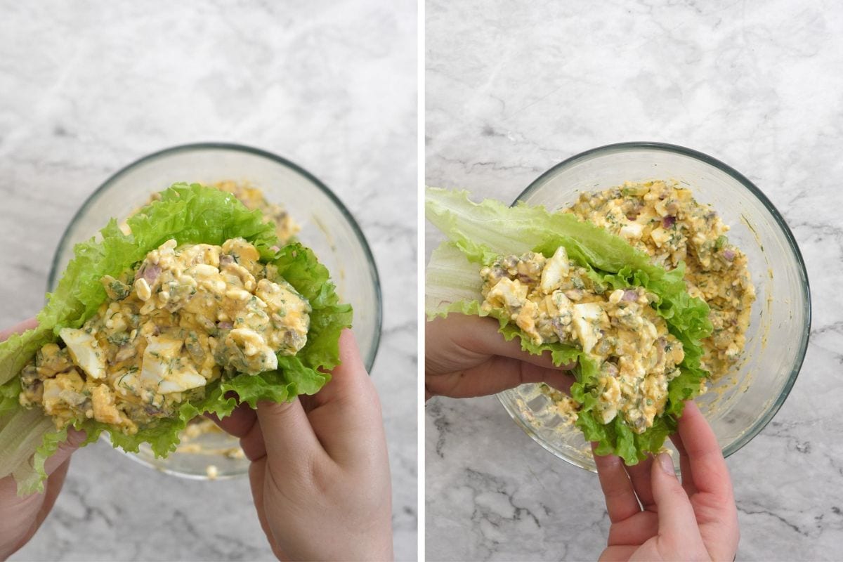 Filling green leaf lettuce with creamy egg salad mixture packed with veggies.
