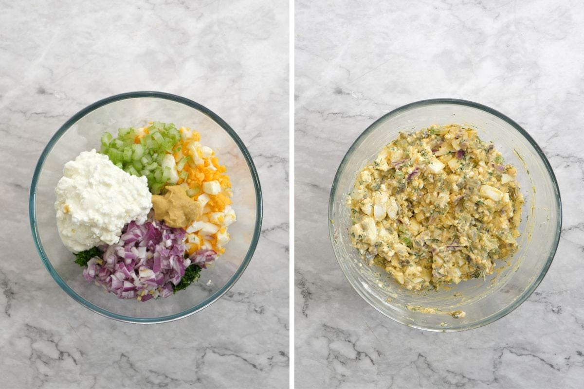 Bowl of chopped eggs, celery, red onion, cottage cheese and mustard before stirring.
