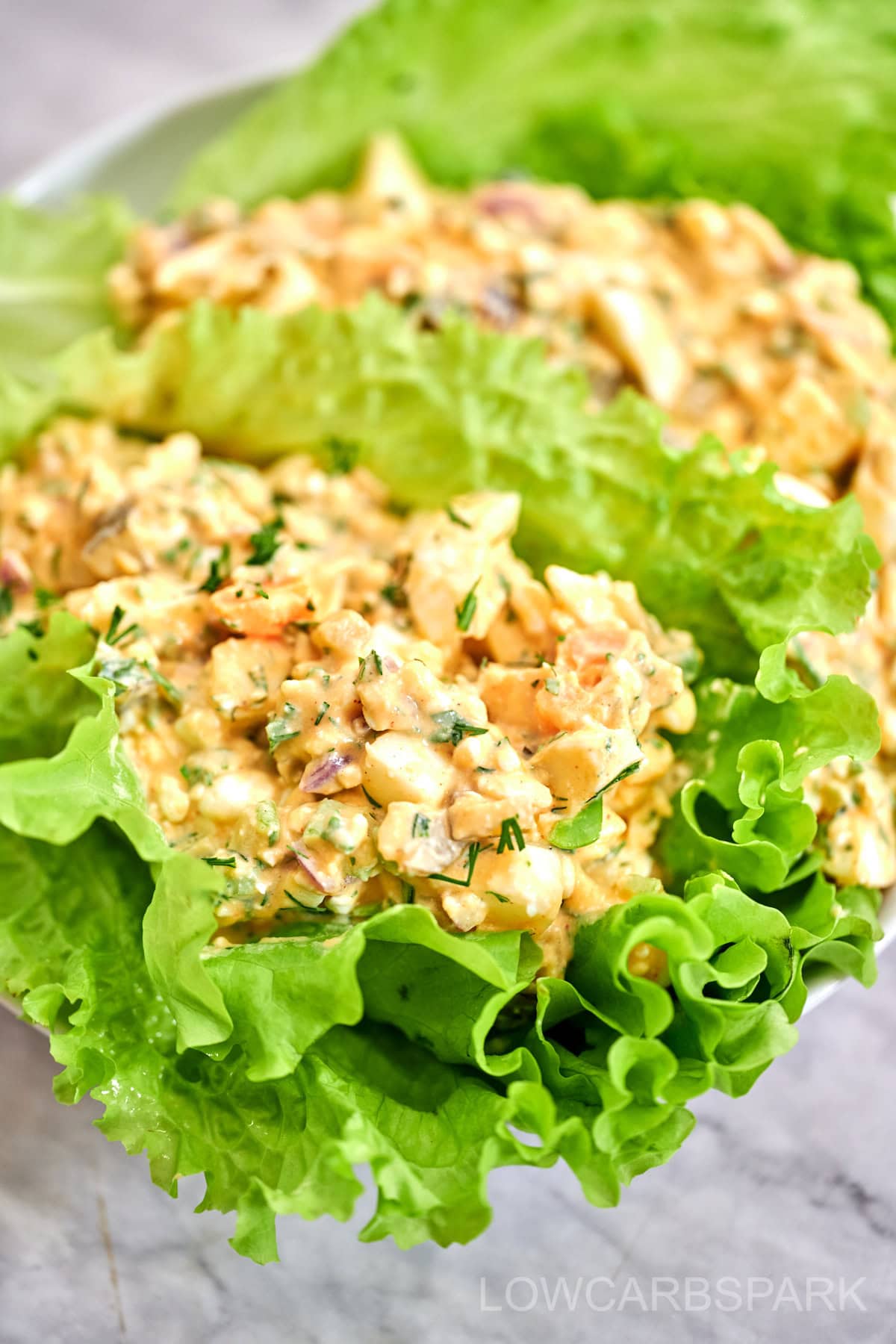 Fresh lettuce wraps filled with creamy cottage cheese egg salad on a white plate.
