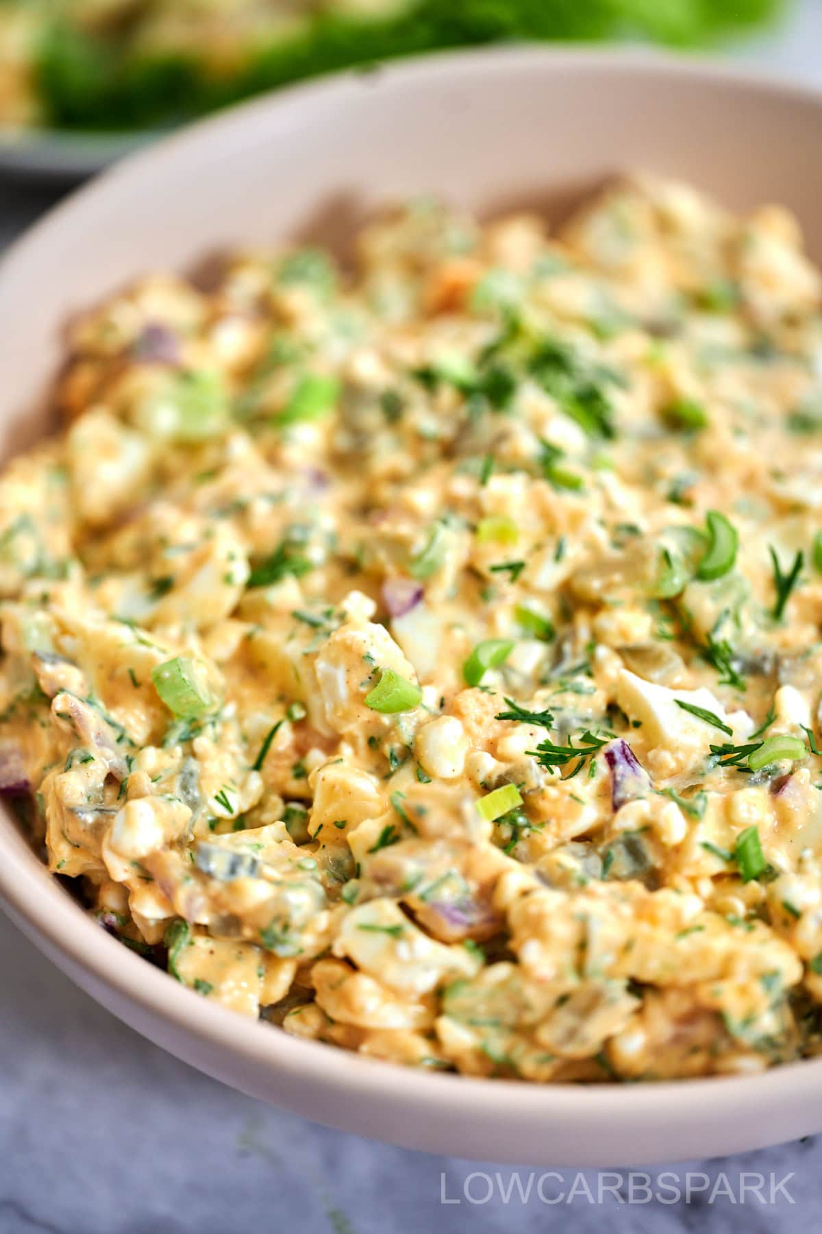 A hearty and creamy spoonful of keto egg salad made with cottage cheese.
