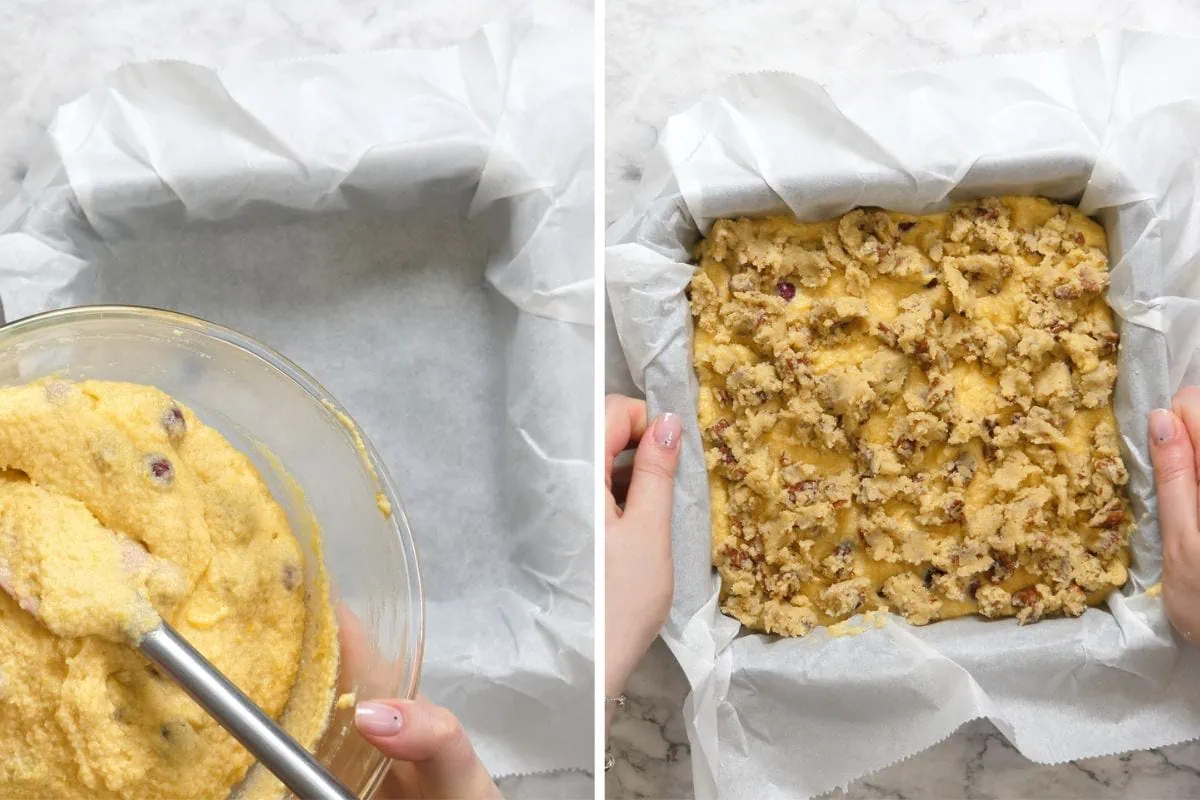 Cranberry Crumb Cake 6 Spreading cranberry cake batter into parchment-lined square pan.