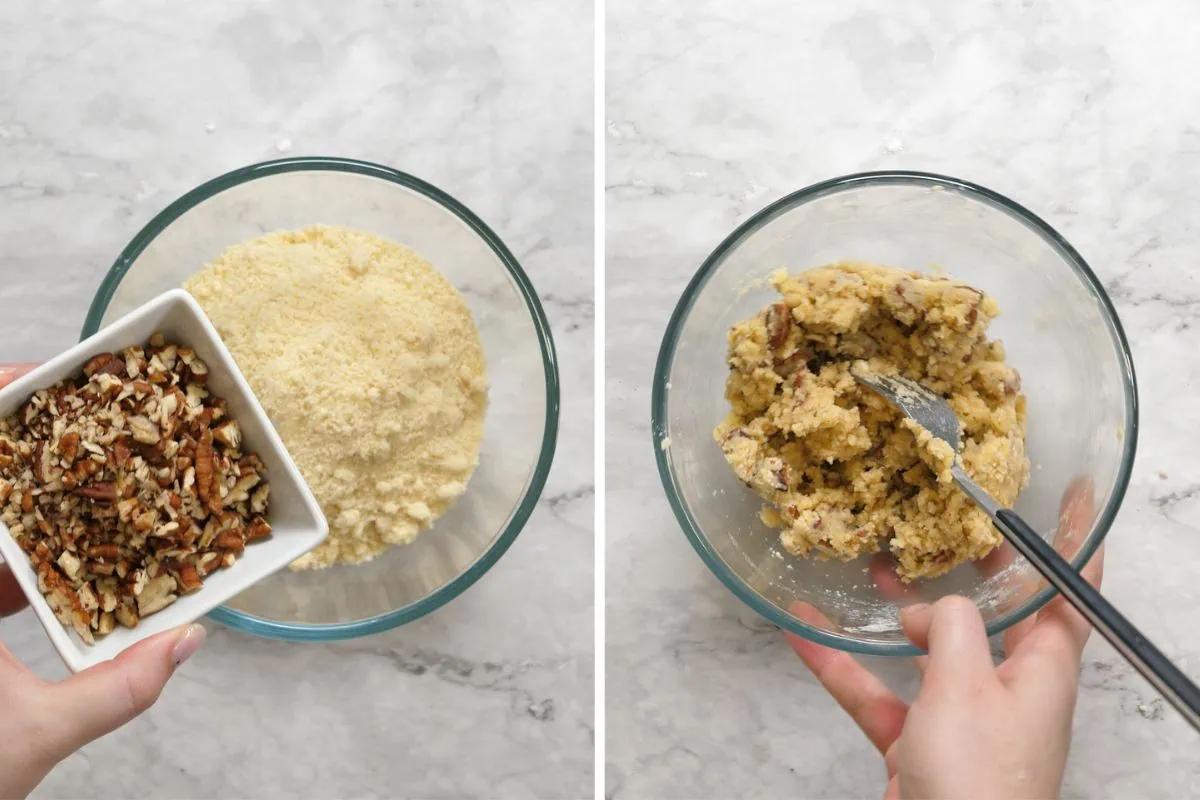 Cranberry Crumb Cake 3 Combining dry ingredients for grain-free pecan crumb mix.