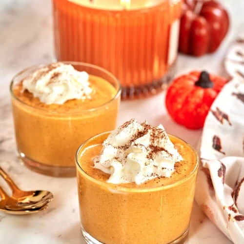 Cottage Cheese Pumpkin Mousse 10 “creamy cottage cheese pumpkin mousse in glass cups with whipped cream topping