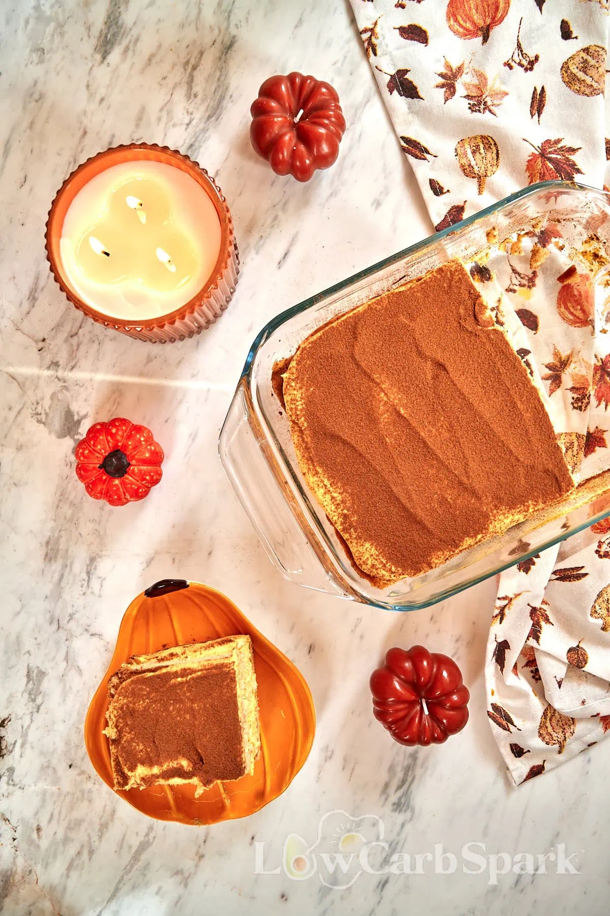 Gluten Free Pumpkin Tiramisu 11 Overhead view of gluten-free pumpkin tiramisu with autumn decorations.