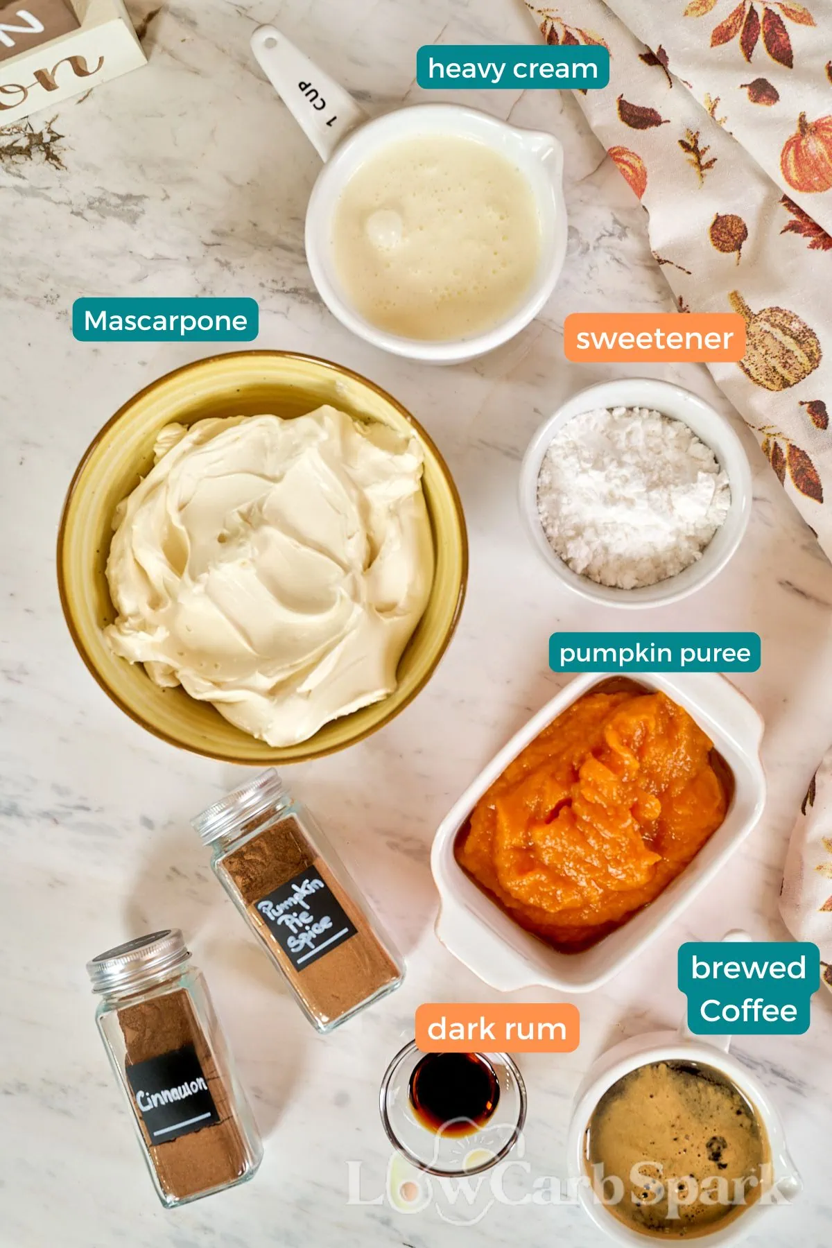 Gluten Free Pumpkin Tiramisu 4 Ingredients for gluten-free pumpkin tiramisu including mascarpone, pumpkin puree, and spices.