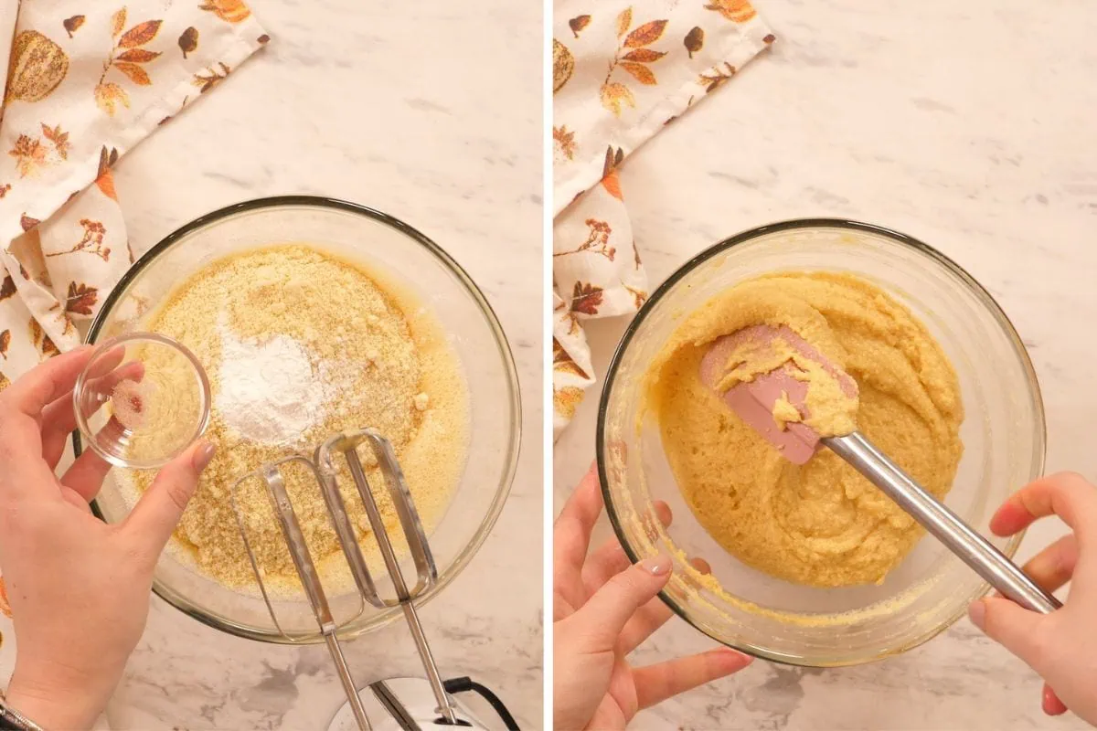 Gluten Free Pumpkin Tiramisu 6 Mixing almond flour and baking powder into eggs for gluten-free tiramisu sponge.