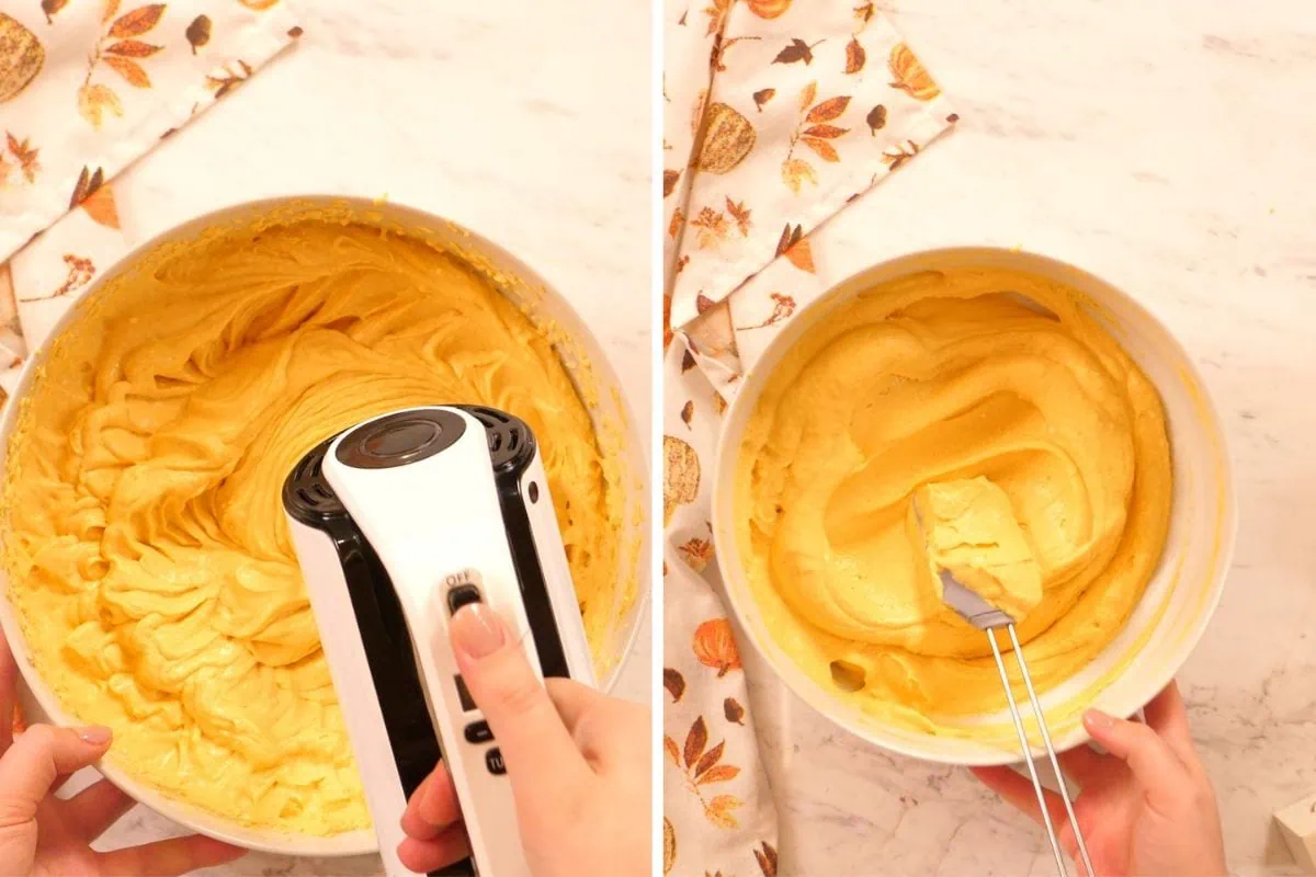 Gluten Free Pumpkin Tiramisu 8 Mixing pumpkin mascarpone cream filling with a hand mixer.