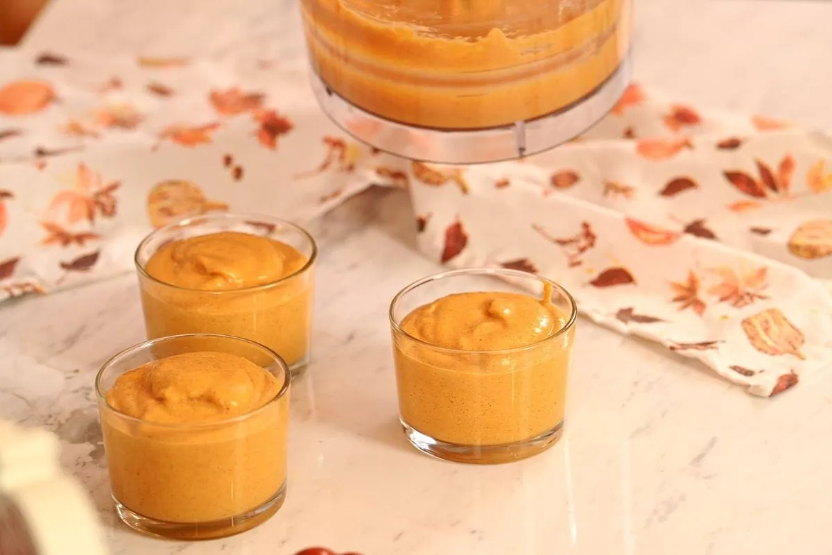 Cottage Cheese Pumpkin Mousse 8 Creamy pumpkin mousse in clear glasses ready to chill.