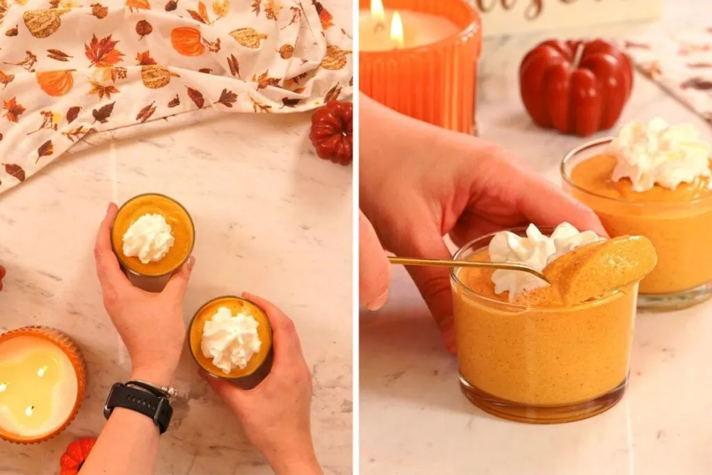 Cottage Cheese Pumpkin Mousse 9 Pumpkin mousse topped with whipped cream for a fall dessert.