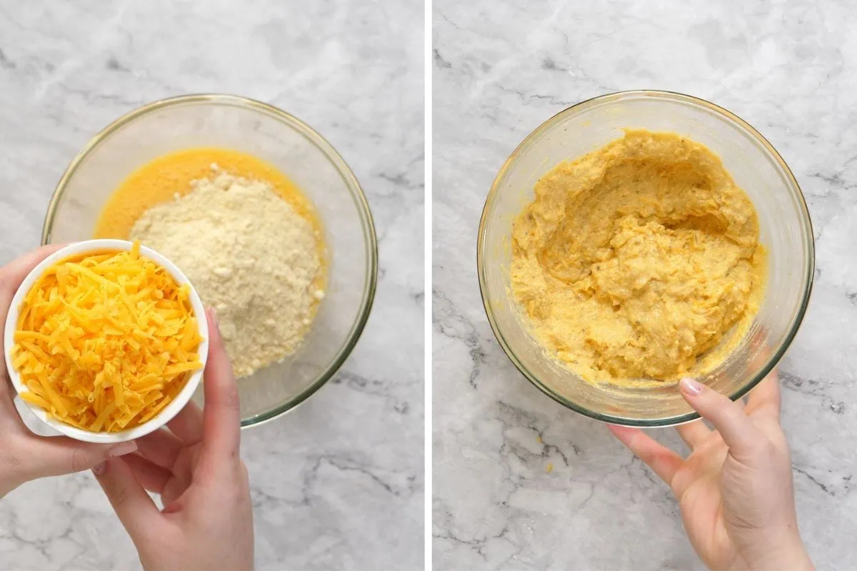 Keto Cheddar Bread 5 Adding shredded cheddar cheese to keto bread batter in a mixing bowl