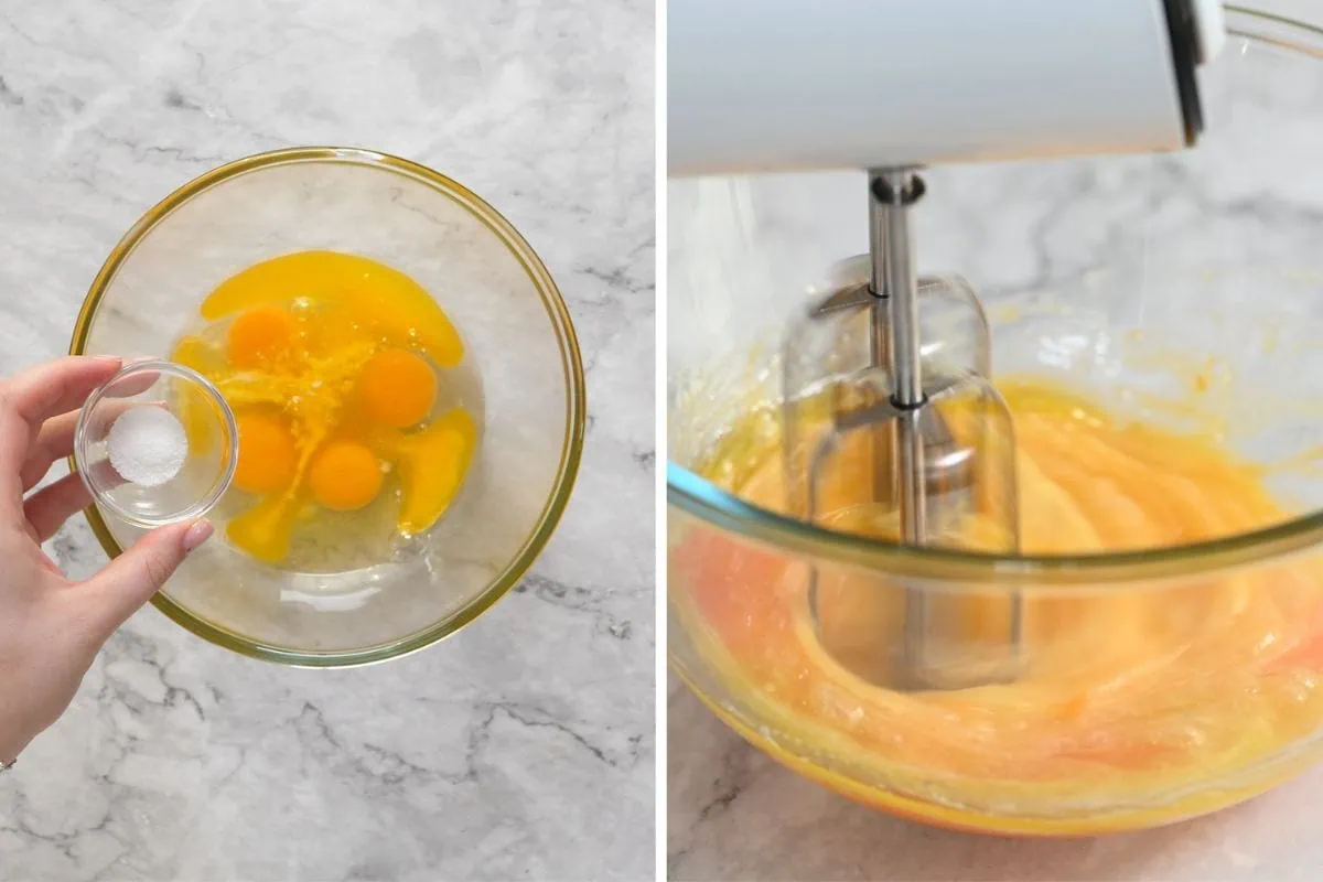 Keto Cheddar Bread 3 Beating eggs for keto cheddar bread batter using an electric hand mixer