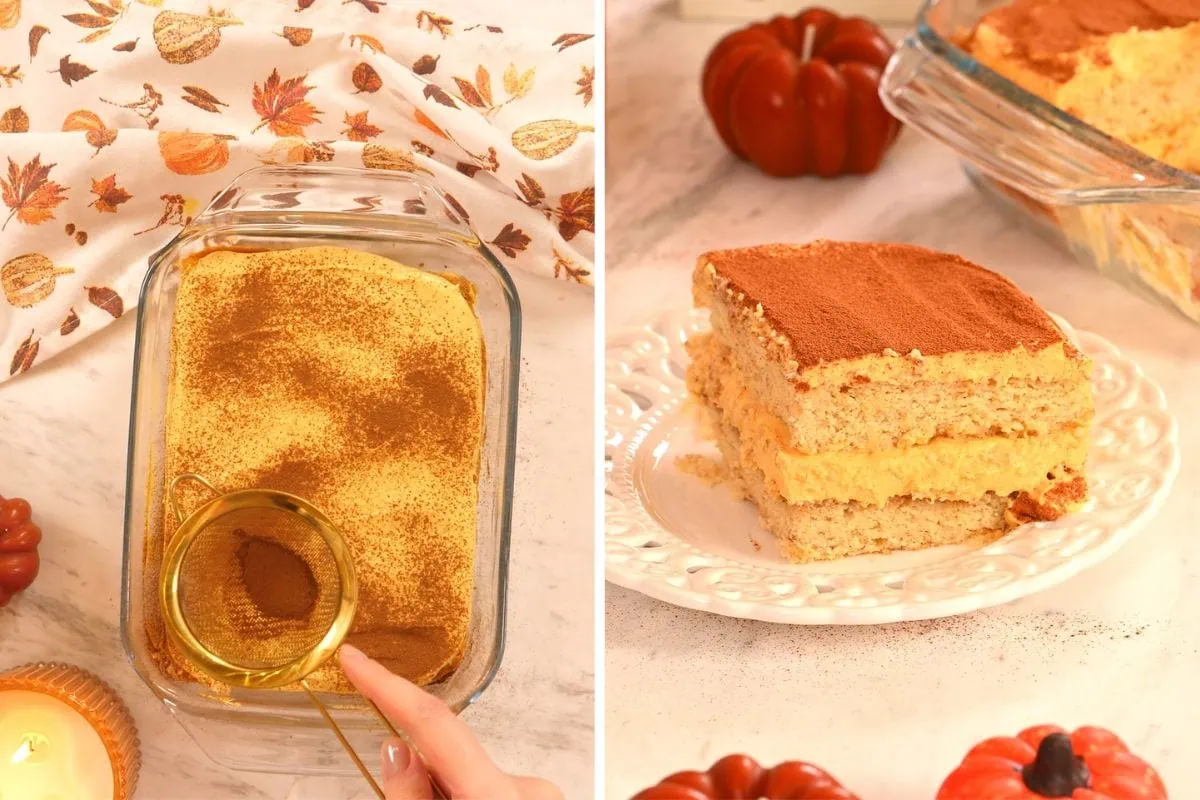 Gluten Free Pumpkin Tiramisu 10 Homemade pumpkin tiramisu slice ready to enjoy with fall decor.