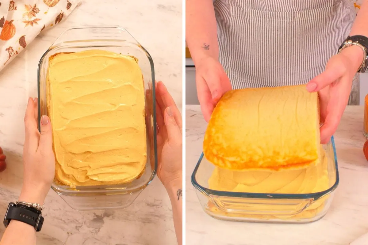 Gluten Free Pumpkin Tiramisu 9 Adding sponge cake layer over pumpkin mascarpone cream in tiramisu dish.