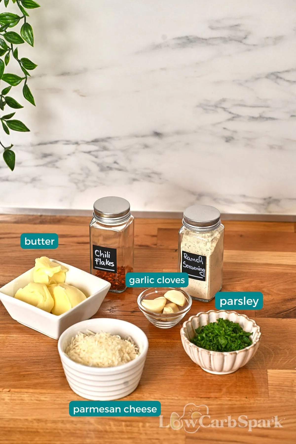 Ranch Garlic Parmesan Chicken Skewers 3 Ingredients for garlic butter sauce: butter, garlic cloves, parsley, parmesan, chili flakes, ranch seasoning.