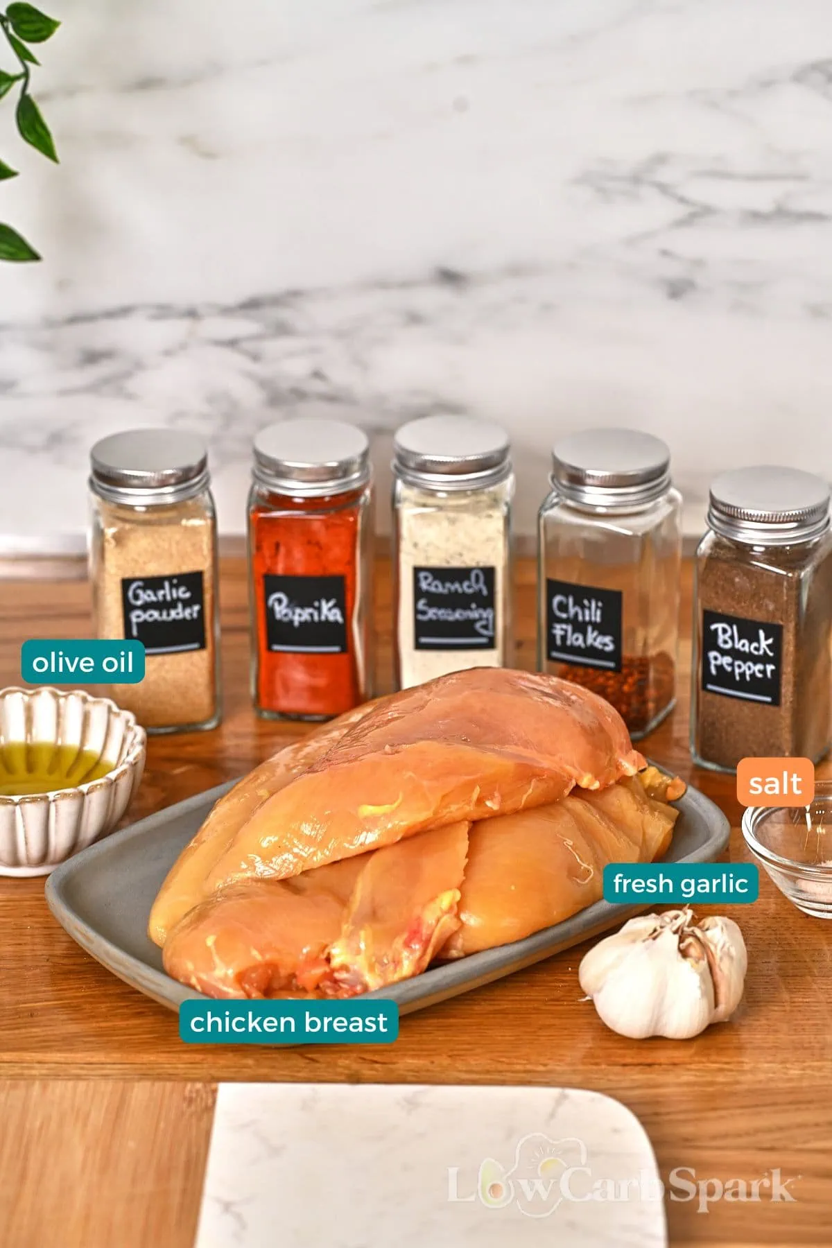 Ranch Garlic Parmesan Chicken Skewers 2 Ingredients for air fryer ranch chicken skewers including chicken breast, spices, and olive oil.