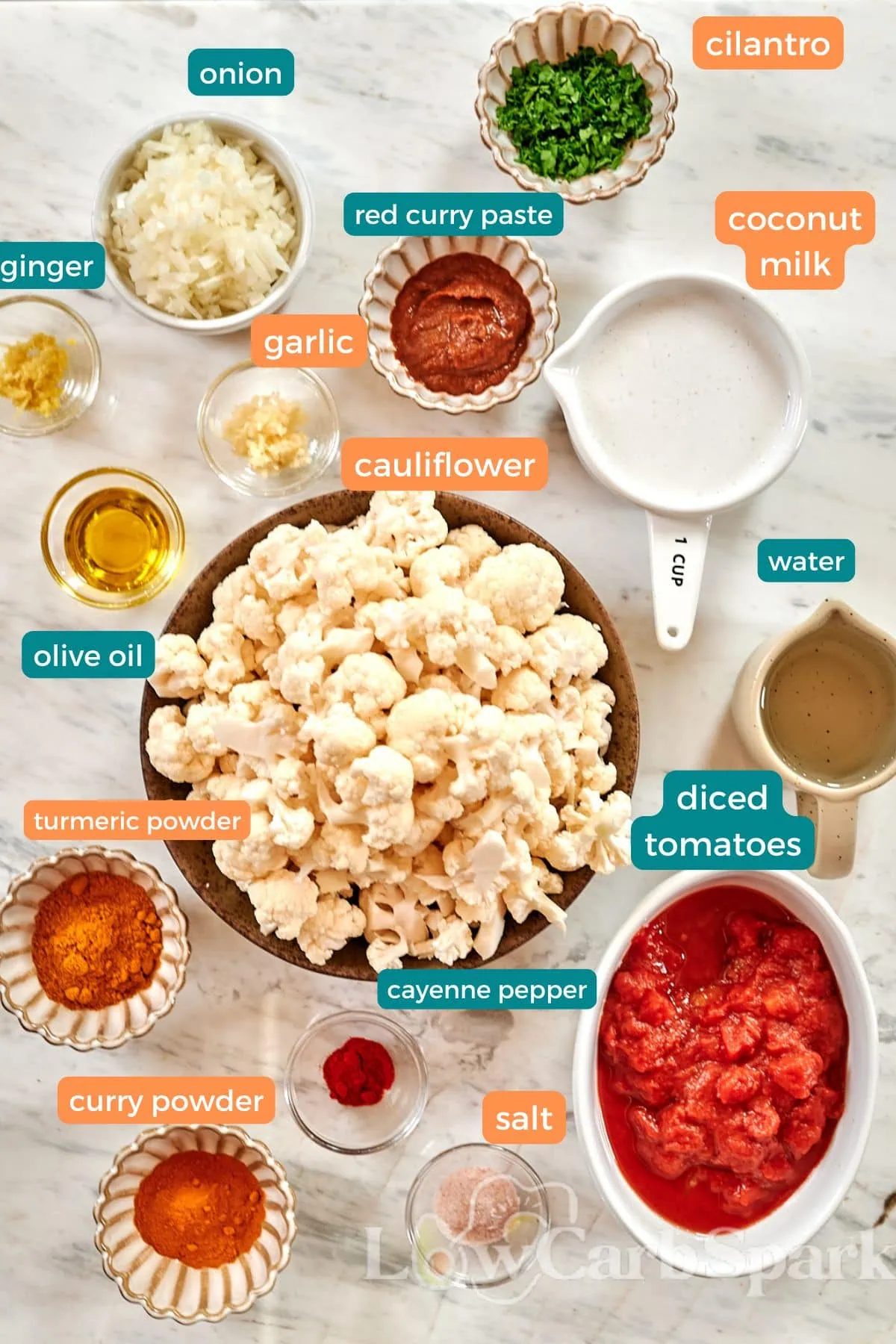 Cauliflower Curry 3 Ingredients for vegan cauliflower curry including cauliflower, coconut milk, tomato, onion, garlic, and spices.