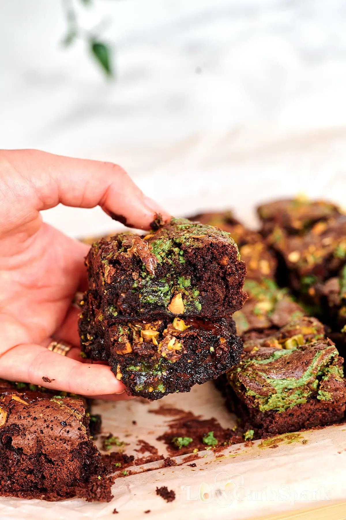 Fudgy Gluten-Free Pistachio Brownies 1 Hand holding two fudgy pistachio swirl brownies with gooey chocolate chunks and chopped pistachios.