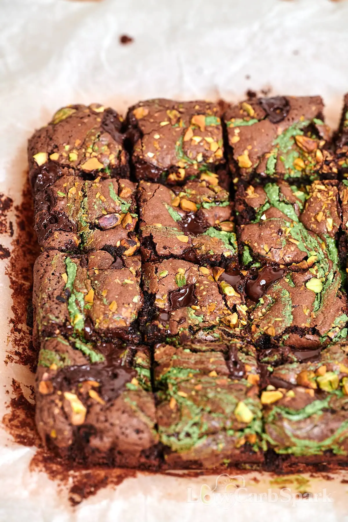 Fudgy Gluten-Free Pistachio Brownies 3 Freshly baked pistachio swirl brownies cut into squares with chunks of chocolate and nuts.